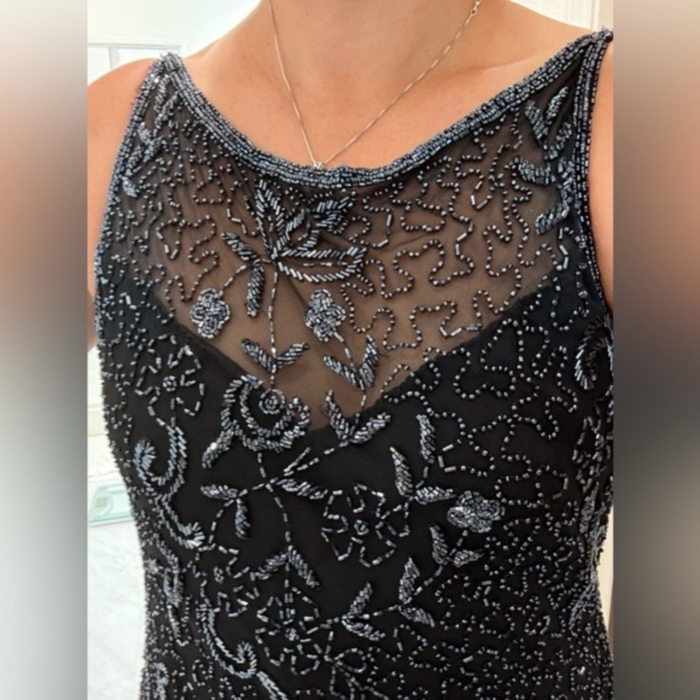 Vintage 90s 100% Silk Scala Dress Beaded Silk Slip Dress Cowl Backless Black - Picture 3 of 17